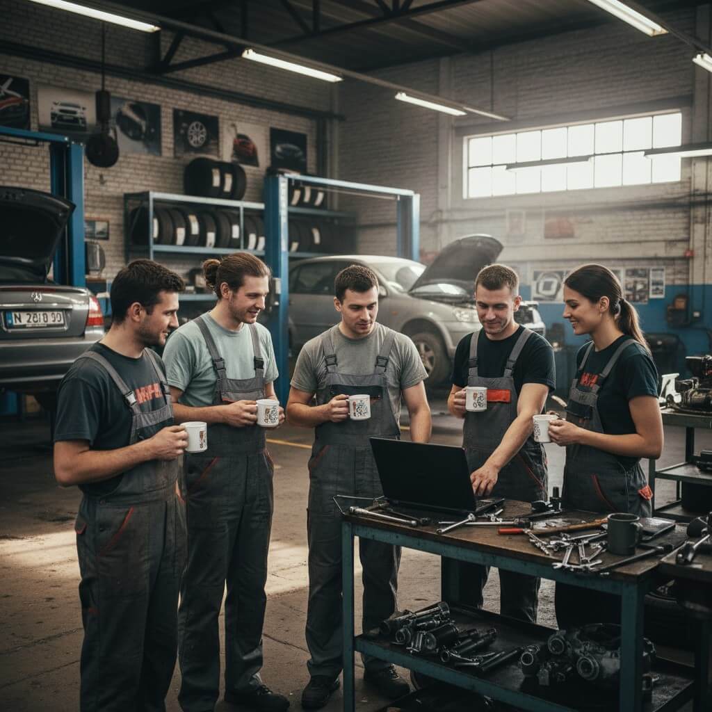 Werkstatt-Team bei entspannter Besprechung am Laptop KI-Bild: Werkstatt-Team sitzt entspannt mit Kaffeetassen um einen Laptop und bespricht sich in der Autowerkstatt