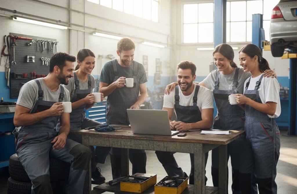 Werkstatt-Team bei entspannter Besprechung am Laptop KI-Bild: Werkstatt-Team sitzt entspannt mit Kaffeetassen um einen Laptop und bespricht sich in der Autowerkstatt